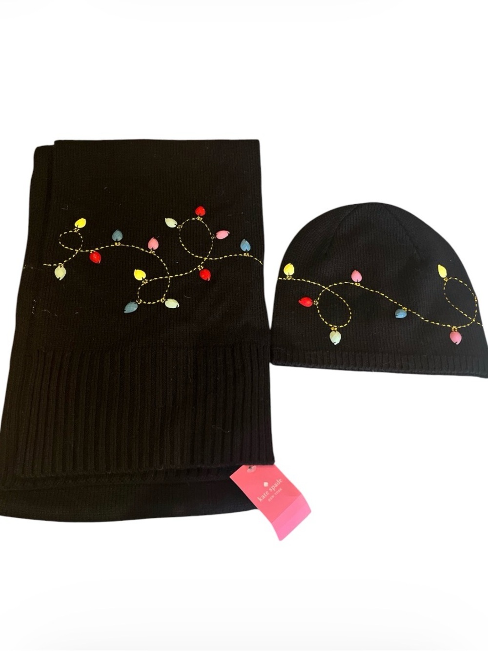 KATE SPADE NEW 2 Piece Black String Lights Holiday Beanie & Knit Scarf NWT